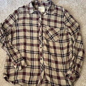 💜 3 for $10 Casual Plaid Button-Down Shirt - Beige and Dark Red
